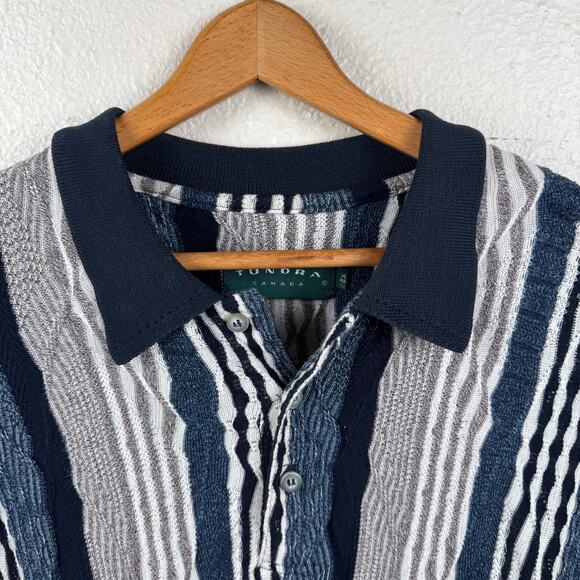 Vintage Tundra Shirt Size 2X Blue Tan 3D Knit Cotton Short Sleeve Polo Canada - Picture 2 of 7